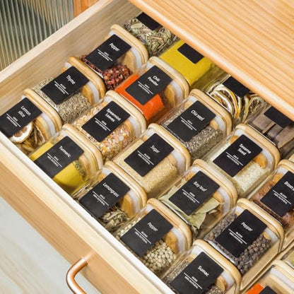 ComSaf Glass Spice Jars with Labels 4 oz 6 Pack Small Square Bamboo Lids | Empty Containers, Seasoning Herbs Powders, Salt Pepper Chili, Kitchen Cabinet Storage Starter Set, Dry Goods