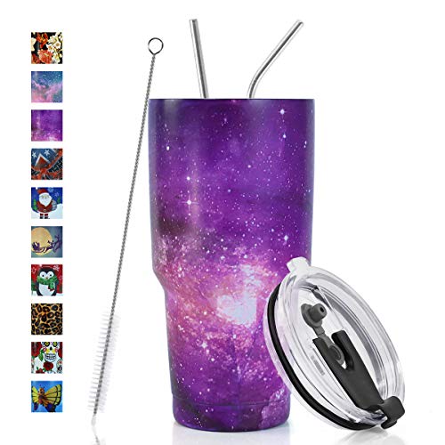 SYACOT 30oz Tumbler Double Wall Stainless Steel Vacuum Insulated Travel Mug with Splash-Proof Lid Metal Straw and Brush - color: Starry Sky-30oz