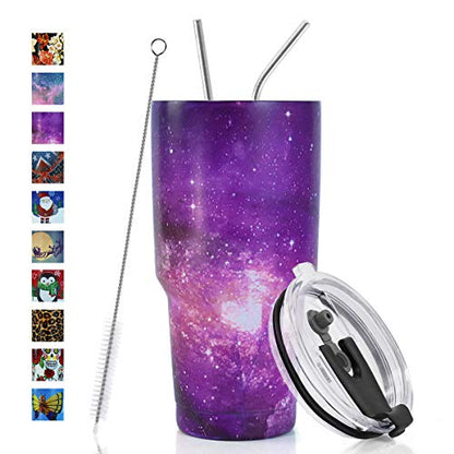 SYACOT 30oz Tumbler Double Wall Stainless Steel Vacuum Insulated Travel Mug with Splash-Proof Lid Metal Straw and Brush - color: Starry Sky-30oz