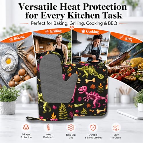 Dinosaur Skeleton Oven Mitts and Pot Holders Sets Non-Slip Silicone Surface for BBQ Gloves,Kitchen,Cooking,Baking,Grilling - color: Dinosaur Skeleton