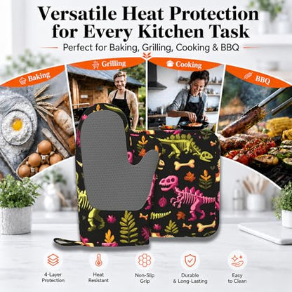Dinosaur Skeleton Oven Mitts and Pot Holders Sets Non-Slip Silicone Surface for BBQ Gloves,Kitchen,Cooking,Baking,Grilling - color: Dinosaur Skeleton