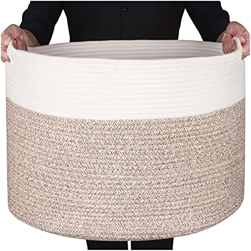 Extra Large 22 x14 Inches Decorative Woven Cotton Rope Blanket Storage Basket Bin Living Room and Laundry Hamper for Pillows, Pool Towels, Dog Toys, Shoes, Light Brown - color: Light Brown