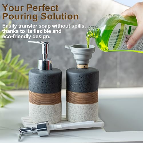 Ceramic Dish Soap Dispensers Set of 2 for Kitchen and Bathroom | Hand Soap and Lotion Dispenser Set, Shampoo and Conditioner Bottles | with Stainless Steel Pump, Silicone Funnel, Tray, Black - color: Black and White, size: 2xSoap Dispenser Set with Tray