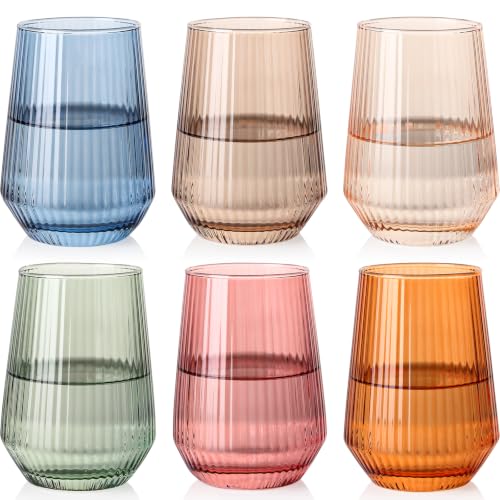 Colored Stemless Wine Glasses Set of 6, 14 Oz Lead-Free Ribbed Drinking Glass Cup for Wine, Cocktails, Champagne and Whiskey, Ideal Gifts for Weddings, Bars, Christmas, Halloween,Party, Daily Use - color: Colored, size: 14 Ounces