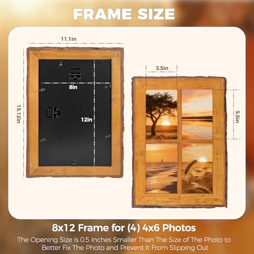 Golden State Art 4x6 Collage Picture Frame,Solid Wood&Real Glass,4 Photos | Multi Picture Frame for (4) 4x6 Photos - Natural Bark Edges Design - Farmhouse Collage Wall Decor - Rustic Brown - size: 4 Openings 4x6