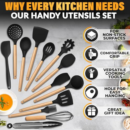 14 Pcs Black Kitchen Utensils Set with Holder for Nonstick Cookware | Silicone Cooking Utensils Set for BBQ; Heat-Resistant Tools with Wooden Handles for Baking, Serving, Frying, and Mixing - color: Classic Black
