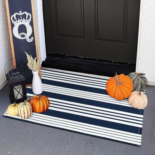 Fall Front Door Mat Outdoor Welcome Mat 2'x3' Striped Rugs Porch Decor | Washable Door Mat Outside Entrance Cotton Woven Indoor Outdoor Rugs Small Area Rug Layered Doormat for Entryway Porch Decor - color: Blue/White Stripe, size: 2' x 3' (Rectangular)