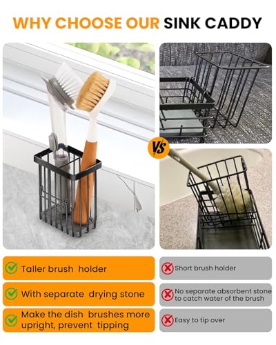 Kitchen Sink Caddy with 2 Water Absorbent Diatomite Stone Sink Tray, | Fast Drying Sink Organizer with High Dish Brush Holder, Sponge Holder for Kitchen Sink, for Countertop, Stainless Steel