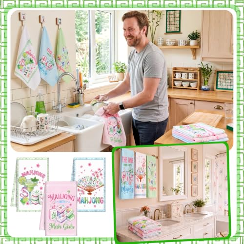 Redbaker 6 Pcs Mahjong Kitchen Towels Mahjong Gifts Bulk | Pink Blue Green Cocktail Absorbent Dish Tea Towels for Gatherings Games Bridal Showers Kitchen Housewarming Gifts, 14 x 21'' - style: Mahjong