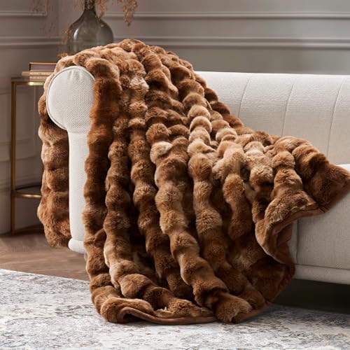 Faux Rabbit Fur Bubble Throw Blanket, 60"x80", Lion Caramel | Ultra Soft, Luxury Faux Rabbit Fur Throw, Thick Warm Bubble Blanket, Cozy Fluffy Reversible, for Bed, Couch, Chair, Sofa - color: Marble Caramel Brown, size: 60"x80"