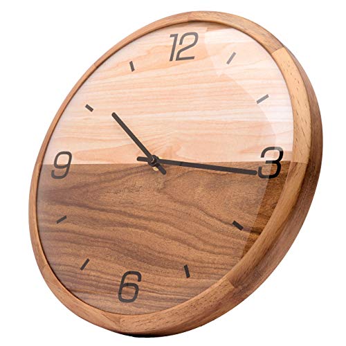 Driini Analog Dome Glass Wall Clock (12") - Pine Wood Frame with Two-Tone Wooden Face - Battery Operated with Silent Movement - Large Decorative Clocks for Classroom, Office, Living Room, or Bedrooms. - color: Wood