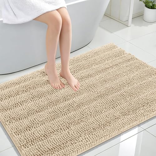 OLANLY Thick Large Bathroom Rugs 44x32, Soft Chenille Bath Rugs, Beige | Absorbent Striped, Rubber Backing, Machine Wash Dry, Bath Mats for Bathroom Floor, Tub and Shower, Home Decor Accessories - color: Beige, size: 44" X 32"