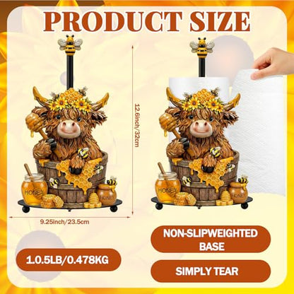 Bee Highland Cow Paper Towel Holder Sunflower Honey Kitchen Bathroom Decor Farmhouse Large Metal Highland Cow Honeycomb Towel Holder Stand with Round Base for Home Countertop Accessories - style: Honey Bee