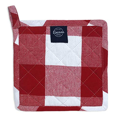 Encasa XO Pot Holders, Quilted Kitchen Hot Pads 8"x8" Buffalo Red Checks | 100% Eco-Friendly Cotton | Thick Cotton Padding Insulation | Convenient Hanging Loop | Set of 2 - color: Buffalo Red Checks