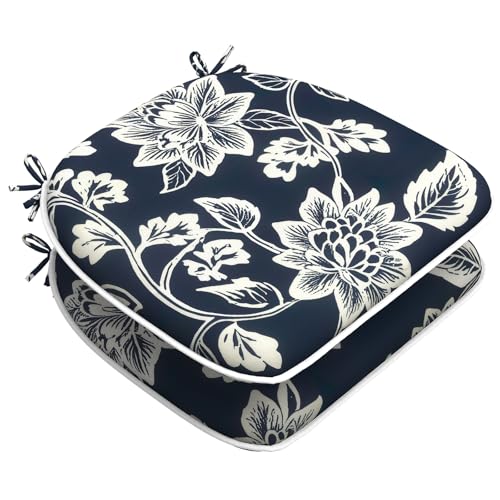 LVTXIII Outdoor Chair Cushions Set of 2, Patio Seat Cushions D16xW17 with Ties, Water Repellent Chair Pads for Patio Furniture Garden Use, Elegant Vines Navy - color: Elegant Vines Navy, size: 2 Count (Pack of 1)