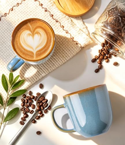LERATIO Ceramic Coffee Mugs Set of 6,12oz Handmade Coffee Mugs Set | Large Handle for Cappuccino/Latte/Tea/Hot Cocoa,Oven &Dishwasher & Microwave Safe-Ocean Blue - color: Ocean Blue