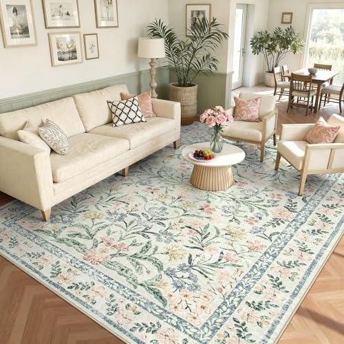 Wonnitar Boho Washable Rug 8x10, Large Area Rug for Living Room, Soft Floral Carpet for Bedroom Non Slip, 8 x 10 Indoor Beige Carpets for Nursery Dining Room Apartment Office Decor - color: Beige, size: 8' x 10' (Rectangular)