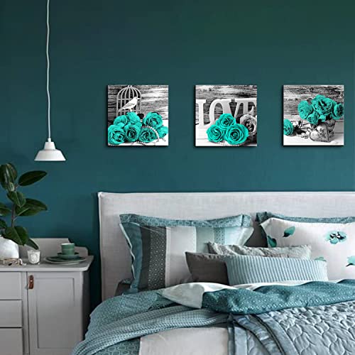 Teal Bathroom Wall Decor Turquoise Teal and Grey Rose Wall Art for Bedroom Living Room Accessories Love Sign Aqua Green Flower Pictures Floral Poster Canvas Artwork Kitchen Home Decoration 12x12" 3 | Love Sign Aqua Green Flower Pictures Canvas Prints Vint