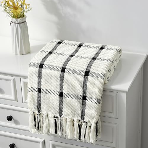 CREVENT 50"X60" Farmhouse Breathable Soft and Warm Chenille Plaid Throw Blanket for Sofa Couch Bed, Home Decoration Throw with Tassles (Black & White) - color: Chenille Black, size: 50inchx60inch