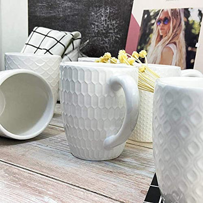 Schliersee 12 OZ White Ceramic Coffee Mugs Set of 6, Stylish Embossed Coffee Cups Set for Coffee, Tea, Milk, Cocoa, Cereal - color: White Coffee Mugs, size: 12 OZ