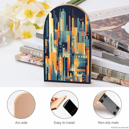 Geometric Shapes Pattern Bookends 1 Pair Heavy Duty Book Ends for Shelves Non-Skid Bookend Supports Wooden Book Holders with Metal Base Desk Organizers Books Storage to Hold Books