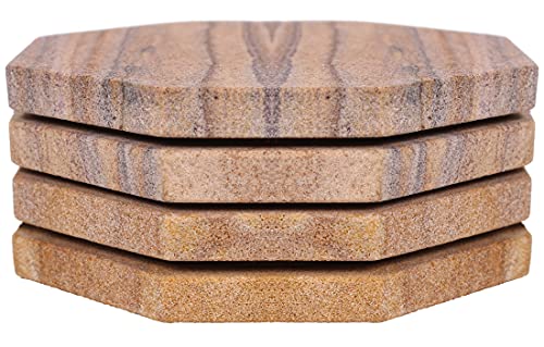 Sandstone Water Absorbent Hand Crafted Octagon Coasters for Drinks- Set of 4-4 inches Wide Thirsty Stone bar/Drink Coasters Made from Real Solid Stone (Without Holder, Set of 4) - style: Design 3
