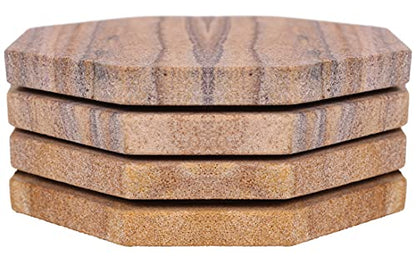 Sandstone Water Absorbent Hand Crafted Octagon Coasters for Drinks- Set of 4-4 inches Wide Thirsty Stone bar/Drink Coasters Made from Real Solid Stone (Without Holder, Set of 4) - style: Design 3