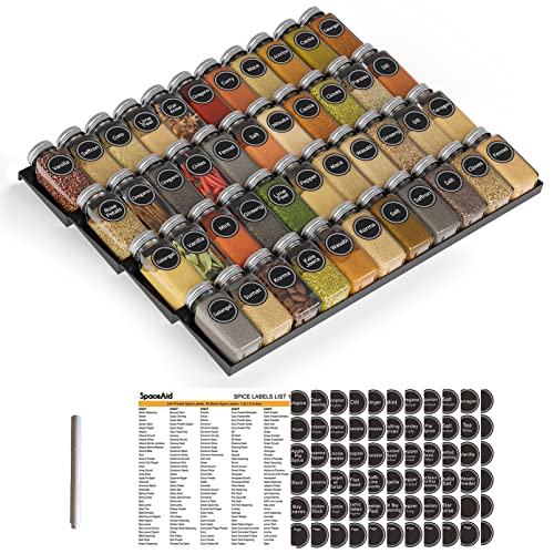 SpaceAid Spice Drawer Organizer with 44 Spice Jars, 386 Spice Labels, 4 Tier Seasoning Rack Tray Insert for Kitchen Drawers, 20.25" Wide x 17.5" Deep - size: 44 Jars, 20.25" Wide