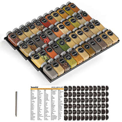 SpaceAid Spice Drawer Organizer with 44 Spice Jars, 386 Spice Labels, 4 Tier Seasoning Rack Tray Insert for Kitchen Drawers, 20.25" Wide x 17.5" Deep - size: 44 Jars, 20.25" Wide