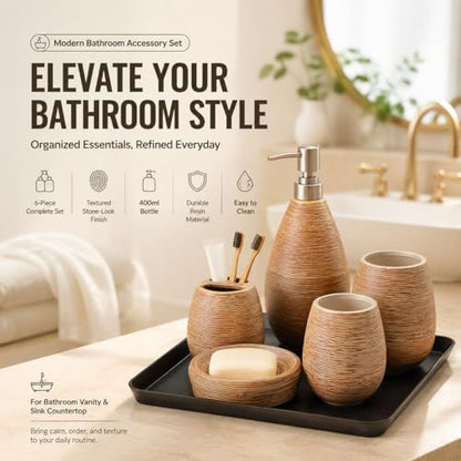 Bathroom Ceramic Accessories Set, 6 Piece Bathroom Set with Including Soap Dispenser Mouthwash Cup Soap Dish Toothbrush Holder Tray (Brown)