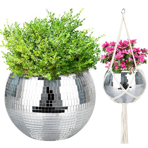 10” Disco Ball Plant Hanger with Hanging Rope, Hanging Chain, Hook, Circle | for Decoration - color: 1×10" Silver