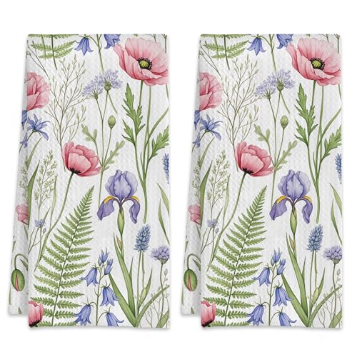 2 Pack Hand Towels Pink Poppies Blue Irises Floral and Green Ferns Kitchen Towel Absorbent Decorative Towels Set for Drying,Cleaning,Cooking,Bathroom,Holiday 16x24 Inches - color: Pink Poppies Blue Irises Floral and Green Ferns