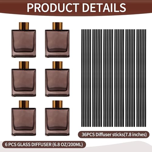 6 Pack Perfume Reed Diffuser Bottle,Empty Square Essential Oil Bottles Glass Jar with Black Sticks for DIY Fragrance Replacement Diffuser Sets (200ml/6.8 oz, Brown Color) - color: Brown ( 6.8 Oz )