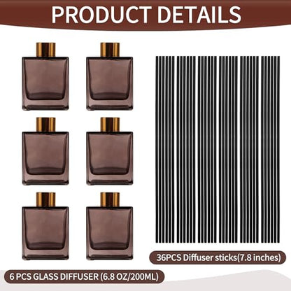 6 Pack Perfume Reed Diffuser Bottle,Empty Square Essential Oil Bottles Glass Jar with Black Sticks for DIY Fragrance Replacement Diffuser Sets (200ml/6.8 oz, Brown Color) - color: Brown ( 6.8 Oz )