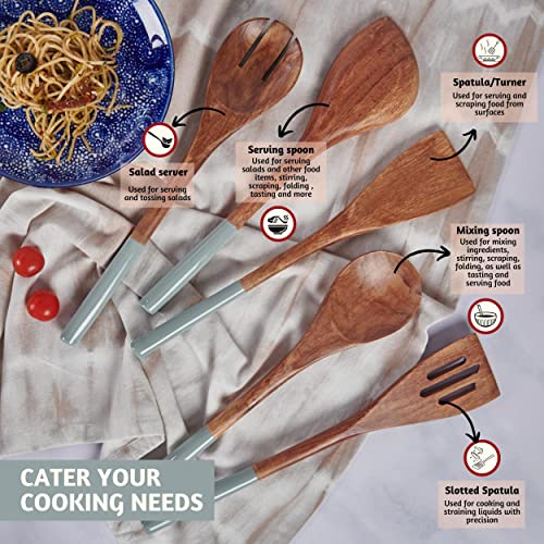 Folkulture Premium Wooden Spoons for Cooking,Kitchen Utensils Set of 5(12") | Premium Acacia Wooden Utensil, Smooth Finish, Non Stick Wooden Cooking Utensils, Kitchen Essentials, Cooking Gifts - color: Gray