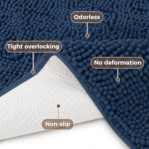 Bcoimo U Shaped Bath Rug Mat Set,2 Piece Chenille Navy Toilet Bathroom Rugs | Extra Soft Bathroom mat set;Non Slip with Rubber Back Bath Mats;High Absorbent And Quick Dry Microfiber mat; Machine Washable - color: Navy, size: U24×20 Plus 30×20