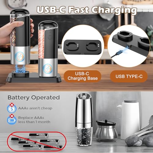 Rechargeable Salt Mill Pepper Grinder: Electric Salt and Pepper Mill Set Automatic Salt Grinder Adjustable Pepper Mills Refillable Salt Pepper Grinders Large Capacity Automatic Salt Shaker - color: Black Grey