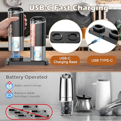 Rechargeable Salt Mill Pepper Grinder: Electric Salt and Pepper Mill Set Automatic Salt Grinder Adjustable Pepper Mills Refillable Salt Pepper Grinders Large Capacity Automatic Salt Shaker - color: Black Grey