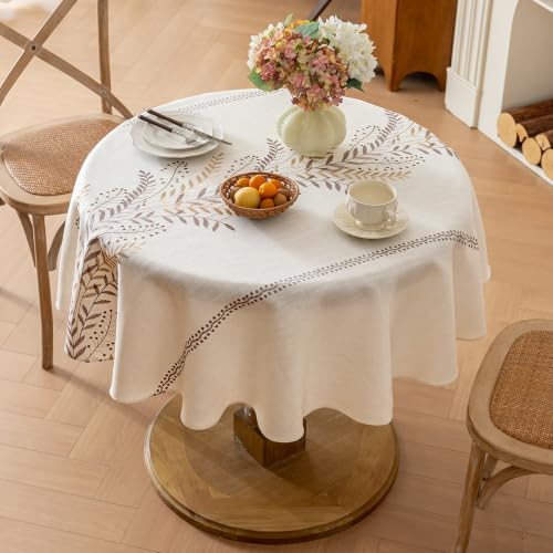 Linen Style Embroidered Table Cloth 47"x47" Round Coffee | Waterproof and Wrinkle-Resistant Table Cover, Farmhouse Floral Round Tablecloth for Indoor Dining Room and Outdoor Parties - color: Coffee, size: 47" (Round)