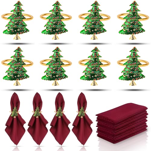 KPOSIYA 16pcs Christmas Tree Napkin Rings Set of 8 and 8 Christmas Napkins Cloth, Napkins holdes for Dinning Table Setting Decoration, Xmas Dinner Tables Rings for Winter Party - size: 8pcs, style: Xmax Tree & Cloth
