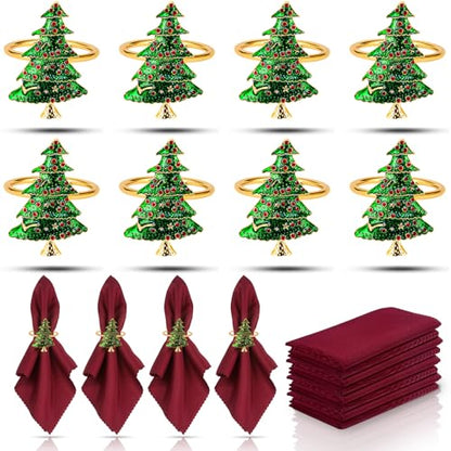KPOSIYA 16pcs Christmas Tree Napkin Rings Set of 8 and 8 Christmas Napkins Cloth, Napkins holdes for Dinning Table Setting Decoration, Xmas Dinner Tables Rings for Winter Party - size: 8pcs, style: Xmax Tree & Cloth