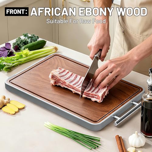 Titanium Cutting Boards For Kitchen,Ebony Wood Cutting Board,Double Sided Metal Chopping Board With Handle And Juice Groove, Idea Kitchen Appliances For Meat And Charcuterie