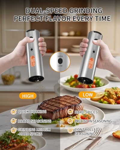 CIRCLE JOY Rechargeable Electric Salt and Pepper Grinder Set, 2-speed Stainless Steel Automatic Pepper Mill Grinder w/Charging Base, Adjustable Coarseness, LED Light, 110ml Large Capacity Top Fill - color: 2-Speed Silver