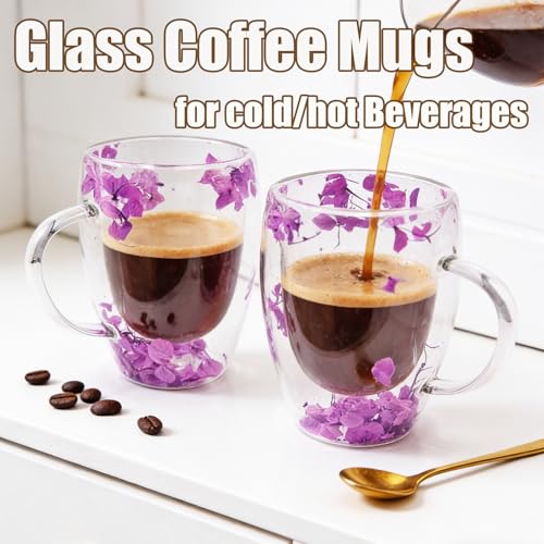 Viovian 13oz Double Wall Glass Coffee Mugs Set of 2 Insulated Glass Coffee Cups with Handles,Clear Dried Flower Tea Mug for Hot Beverages,Tea Cup Women Birthday Gifts - color: 13oz double wall glass mugs set of 2（Purple Hydrangea）