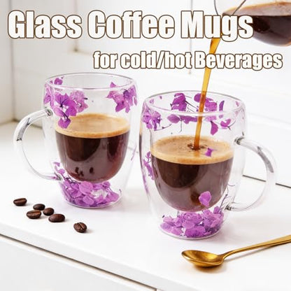 Viovian 13oz Double Wall Glass Coffee Mugs Set of 2 Insulated Glass Coffee Cups with Handles,Clear Dried Flower Tea Mug for Hot Beverages,Tea Cup Women Birthday Gifts - color: 13oz double wall glass mugs set of 2（Purple Hydrangea）