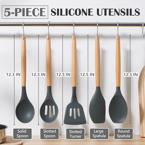 E-far Silicone Cooking Utensils Set, 5-Piece Kitchen Utensils Set with Wooden Handle for Cooking, Silicone Kitchen Nonstick Tools Spatula Turner Slotted Spoons, Nontoxic & Heat Resistant-Gray - color: Gray, size: 5