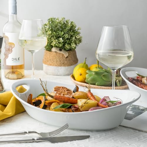 YHOSSEUN Large Serving Bowl with Handles, Oval Serving Platter Set of 2 | Thanksgiving Serving Dishes for Entertaining, Ceramic Salad Bowls Set, 1.5 Quarts, White, Microwave Dishwasher Oven Safe - style: Oval