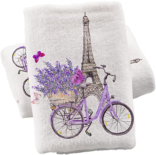 ALAZA Purple Lavender Hand Towels for Bathroom Set of 2 Fingertip Towel Face Towel, Cotton Soft Absorbent Decorative Bath Towels 15.5x29.5 inch,Eiffel Tower Bicycle Lavender Flowers - color: Orange