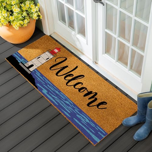 Evergreen Lighthouse Coir Doormat, 2'x5' Welcome Mats for Double Doors, Outdoor Indoor Entrance Rug, Non-Slip Front Door Mat for Beach House Porch Patio (Welcome Red Lighthouse, 60"x24") - color: Welcome Red Lighthouse, size: 2' x 5' (Rectangular)