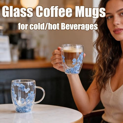 Viovian 13oz Double Wall Glass Coffee Mugs Set of 2 Insulated Glass Coffee Cups with Handles,Clear Dried Flower Tea Mug for Hot Beverages,Tea Cup Women Birthday Gifts - color: 13oz double wall glass mugs set of 2（Blue Hydrangea）